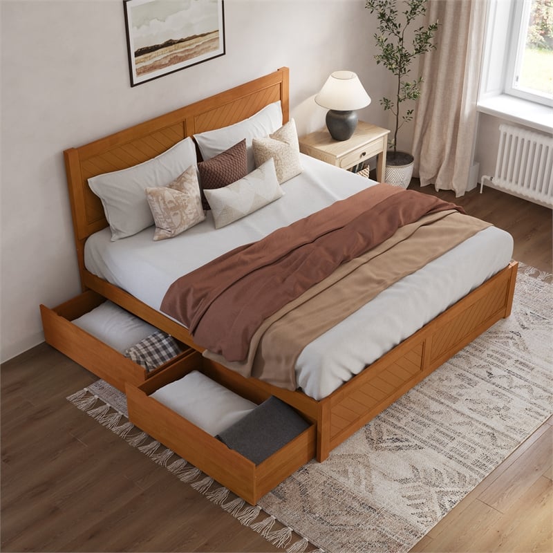 Canyon King Storage Wood Platform Bed with Matching Footboard in Light Toffee