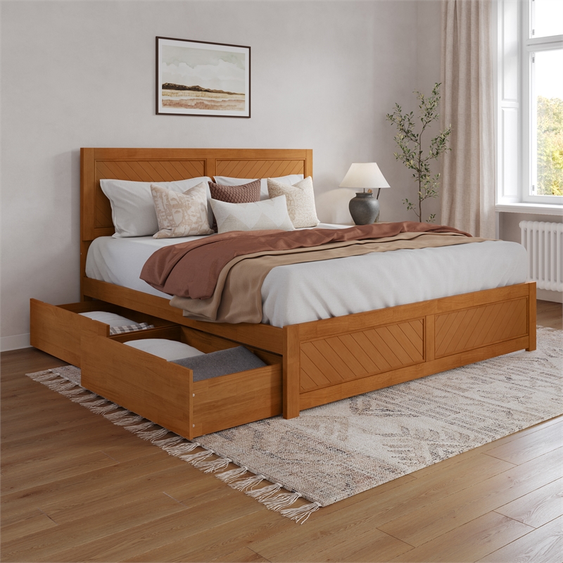 Canyon King Storage Wood Platform Bed with Matching Footboard in Light Toffee