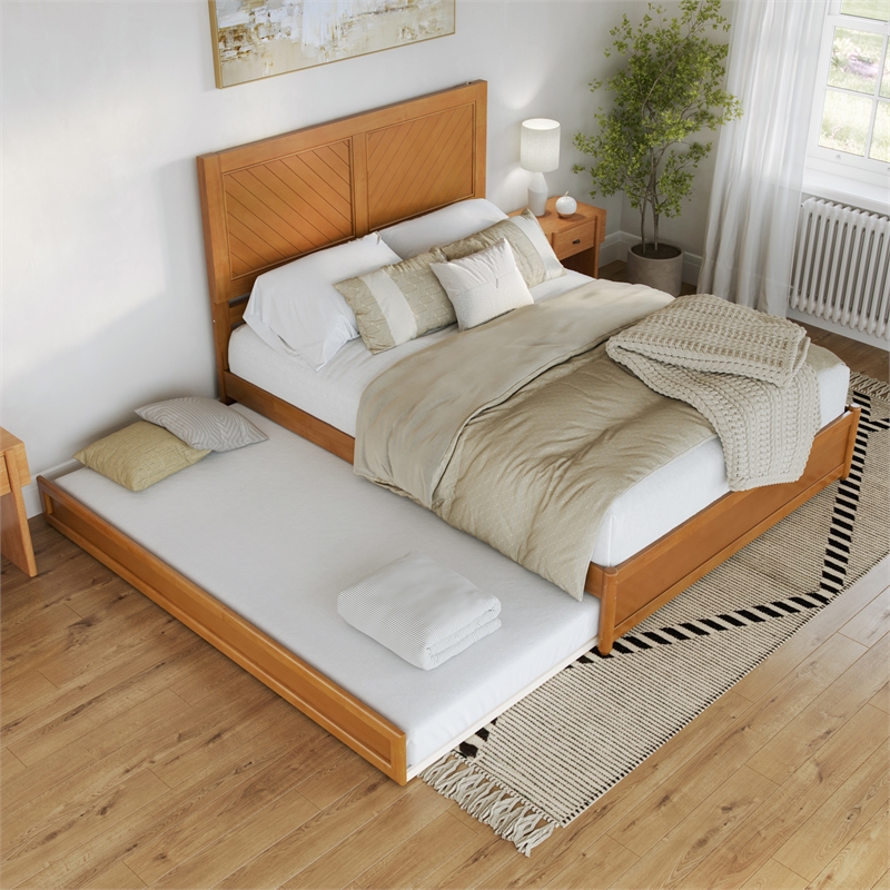 Clayton Queen Wood Platform Bed with Panel Footboard & Trundle in Light Toffee