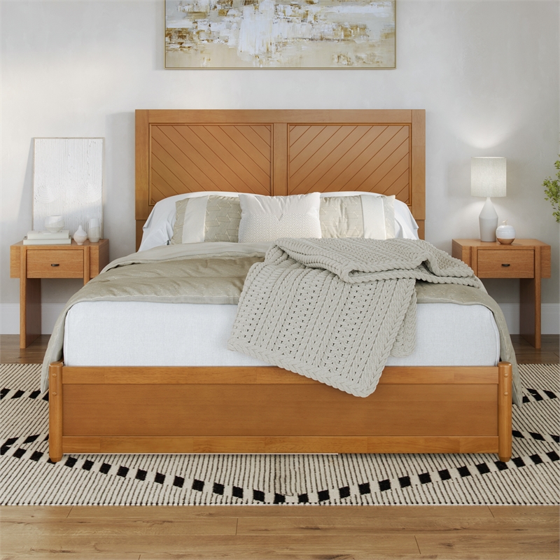 Clayton Queen Wood Platform Bed with Panel Footboard & Trundle in Light Toffee