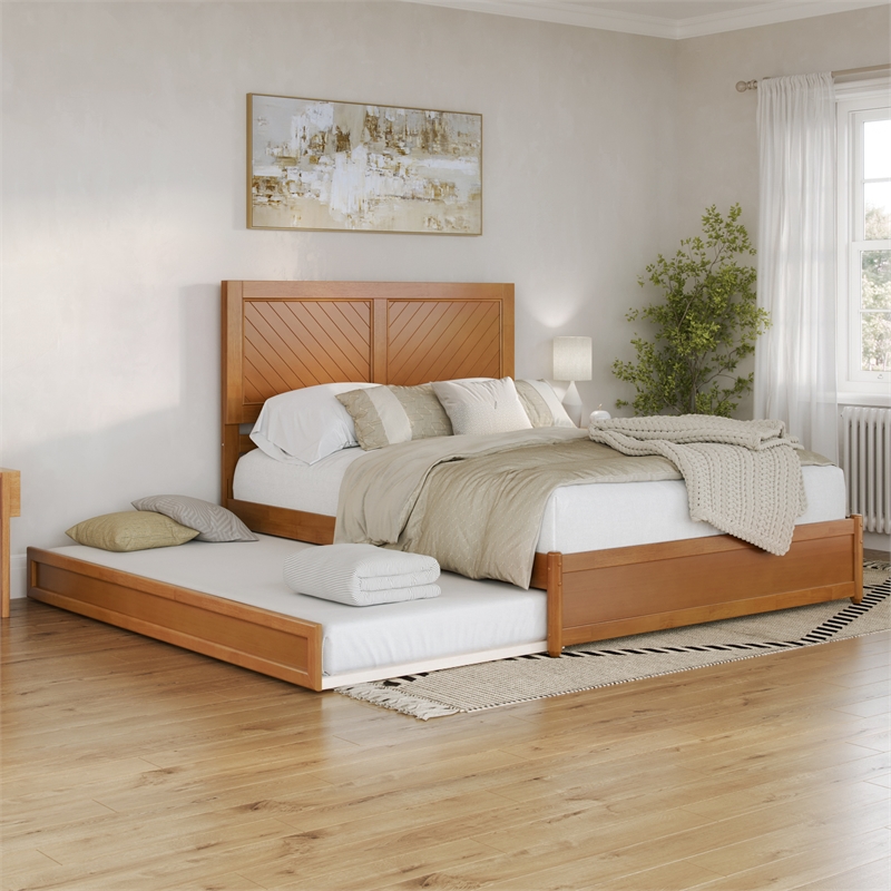 Clayton Queen Wood Platform Bed with Panel Footboard & Trundle in Light Toffee