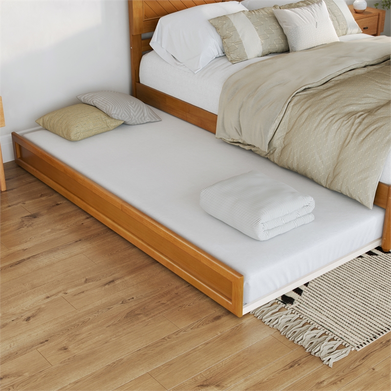 Clayton Queen Wood Platform Bed with Panel Footboard & Trundle in Light Toffee