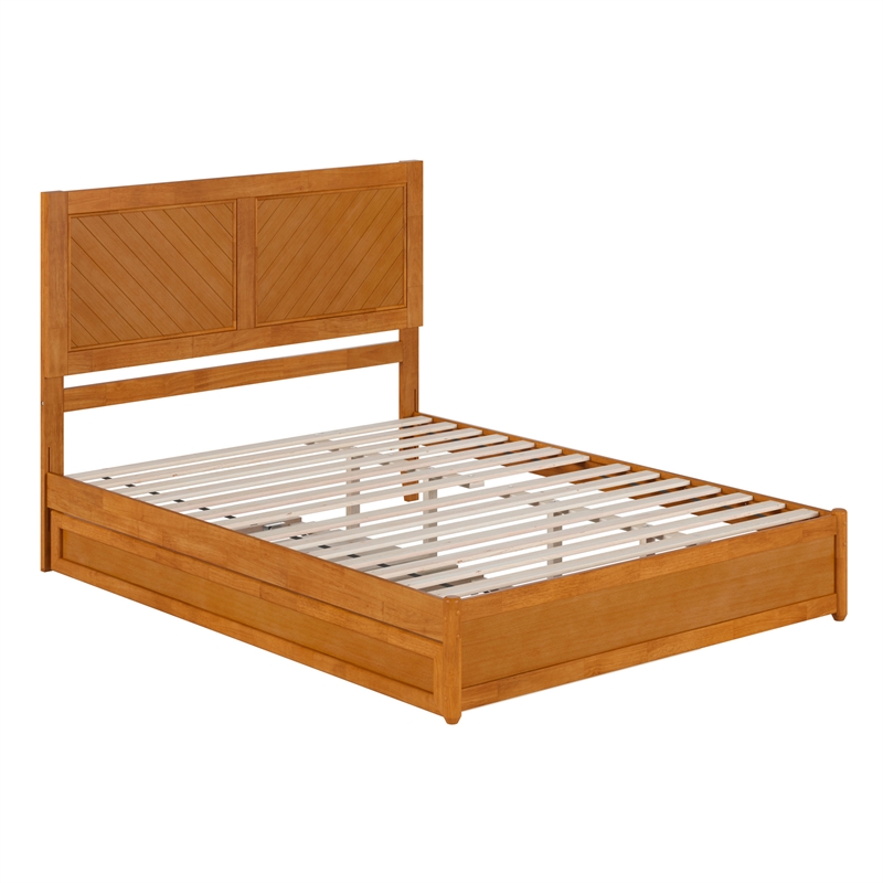 Clayton Queen Wood Platform Bed with Panel Footboard & Trundle in Light Toffee
