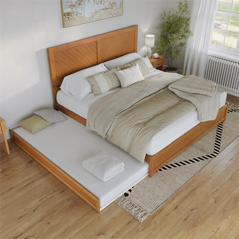 Clayton King Wood Platform Bed with Panel Footboard & Trundle in Light Toffee