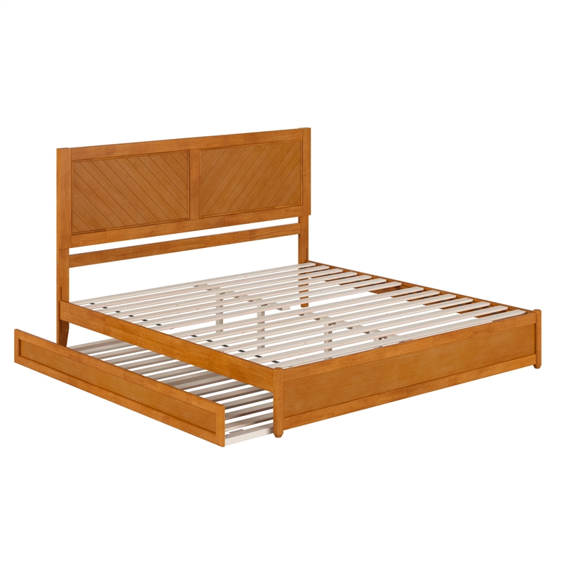 Clayton King Wood Platform Bed with Panel Footboard & Trundle in Light Toffee