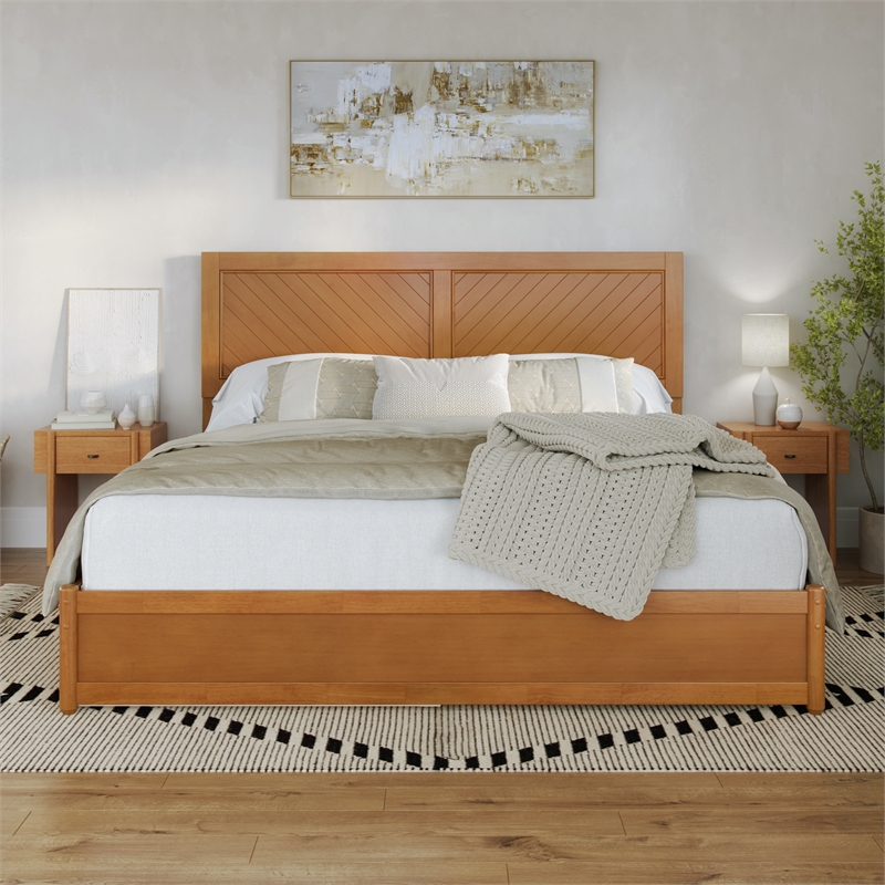 Clayton King Wood Platform Bed with Panel Footboard & Trundle in Light Toffee