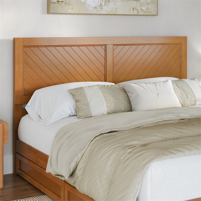 Clayton King Wood Platform Bed with Panel Footboard & Trundle in Light Toffee