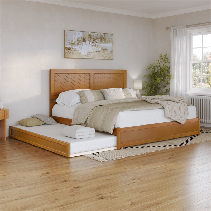 Clayton King Wood Platform Bed with Panel Footboard & Trundle in Light Toffee