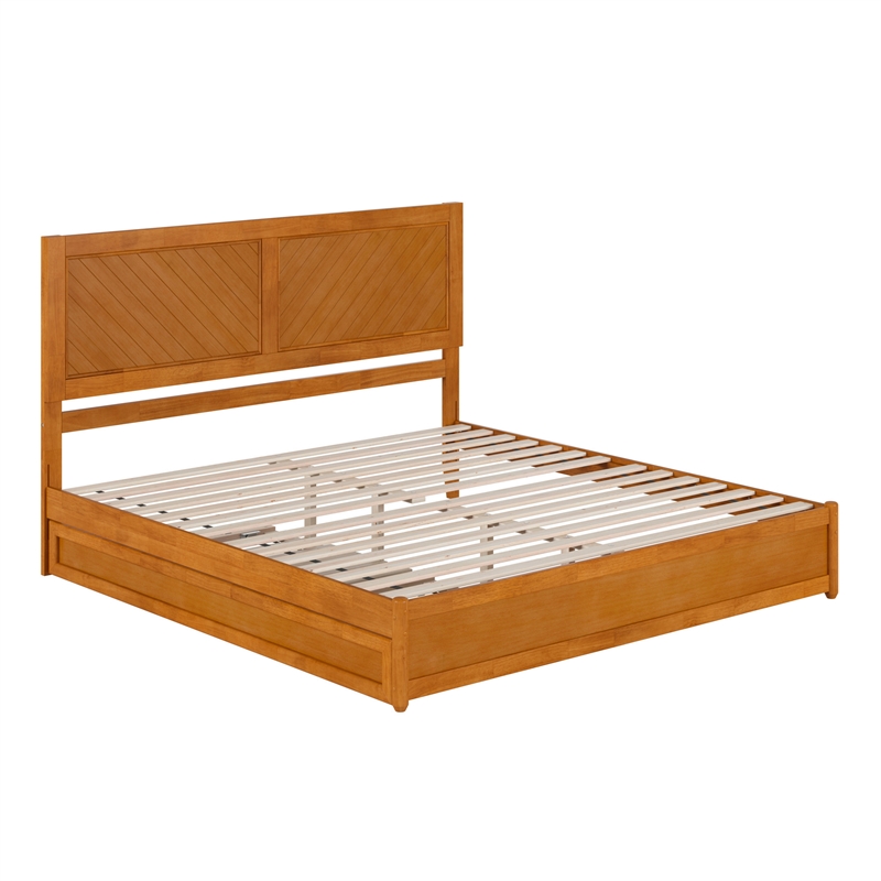 Clayton King Wood Platform Bed with Panel Footboard & Trundle in Light Toffee