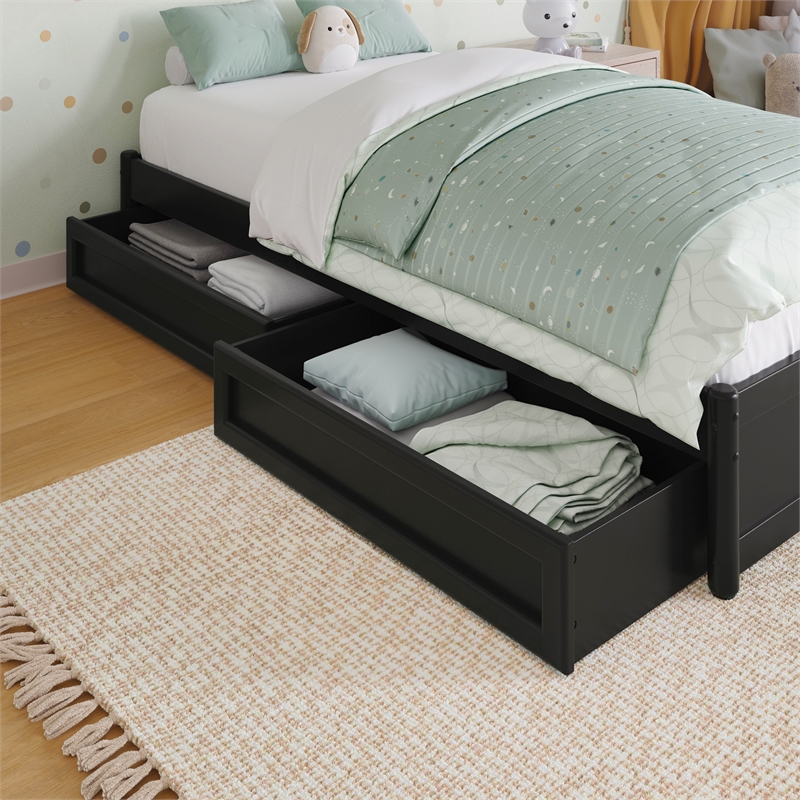 Twin/Full Mid-Century Modern Solid Wood Under Bed Storage Drawers in Black