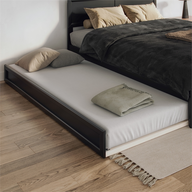 Twin XL Mid-Century Modern Solid Wood Trundle Bed in Black