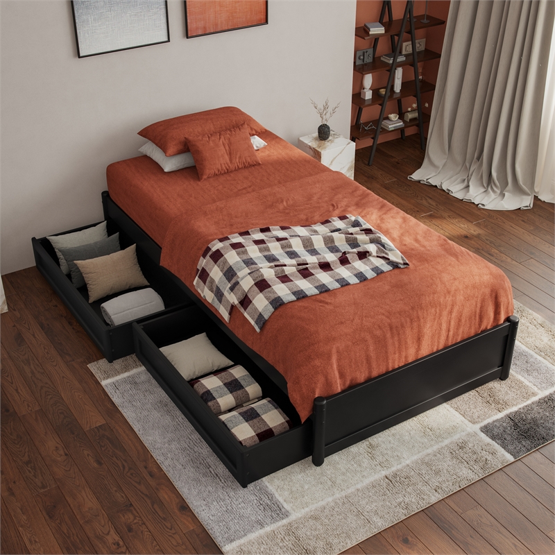 Barcelona Twin XL Panel Platform Bed with 2 Storage Drawers in Black