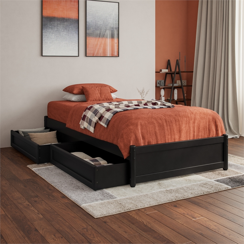 Barcelona Twin XL Panel Platform Bed with 2 Storage Drawers in Black