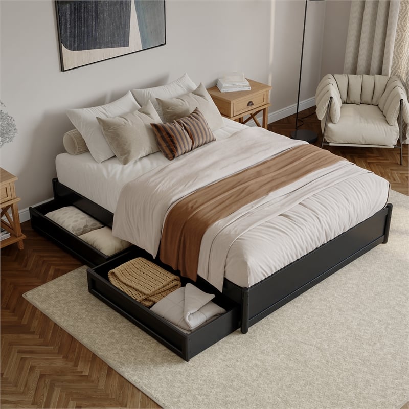 Barcelona Queen Panel Platform Bed with 2 Storage Drawers in Black