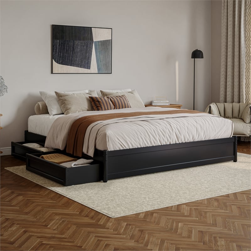 Barcelona King Panel Platform Bed with 2 Storage Drawers in Black