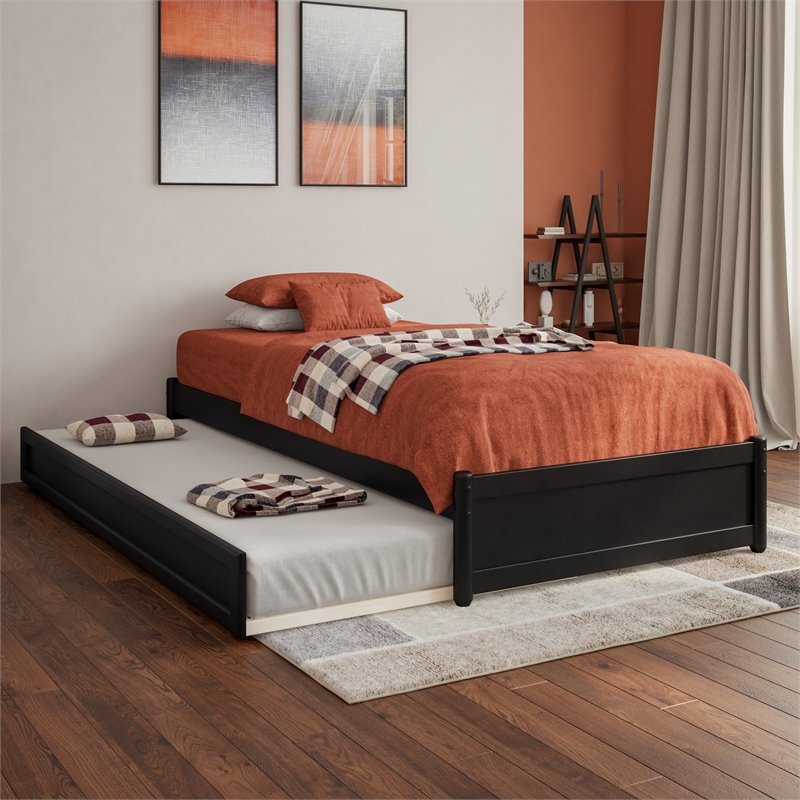 Barcelona Twin XL Solid Wood Panel Platform Bed with Twin XL Trundle in Black