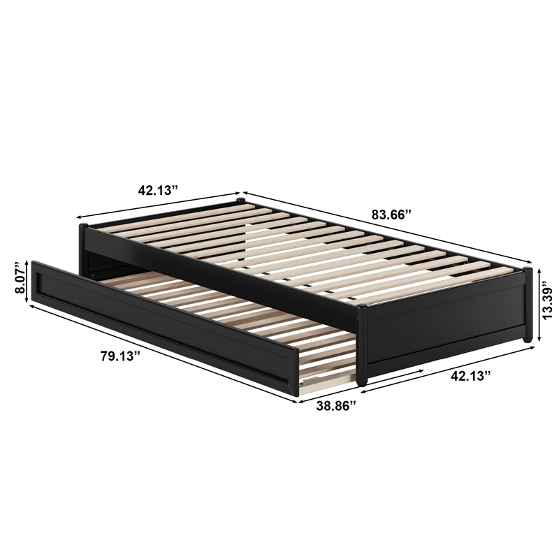 Barcelona Twin XL Solid Wood Panel Platform Bed with Twin XL Trundle in Black