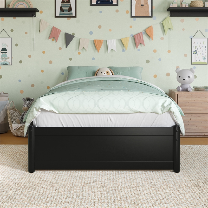 Barcelona Twin Solid Wood Panel Platform Bed with Twin Trundle in Black