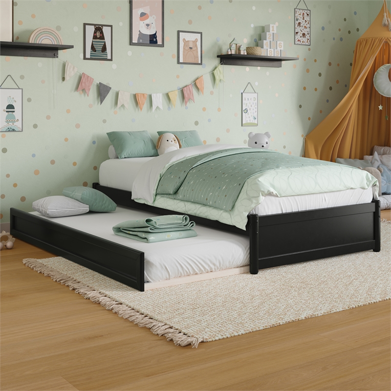 Barcelona Twin Solid Wood Panel Platform Bed with Twin Trundle in Black