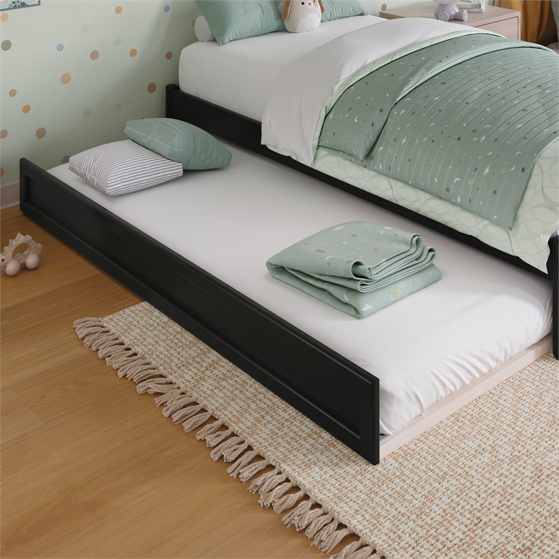 Barcelona Twin Solid Wood Panel Platform Bed with Twin Trundle in Black