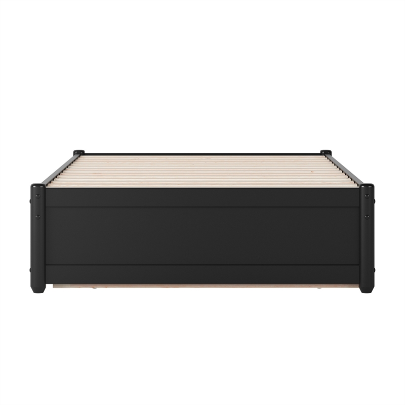 Barcelona Twin Solid Wood Panel Platform Bed with Twin Trundle in Black
