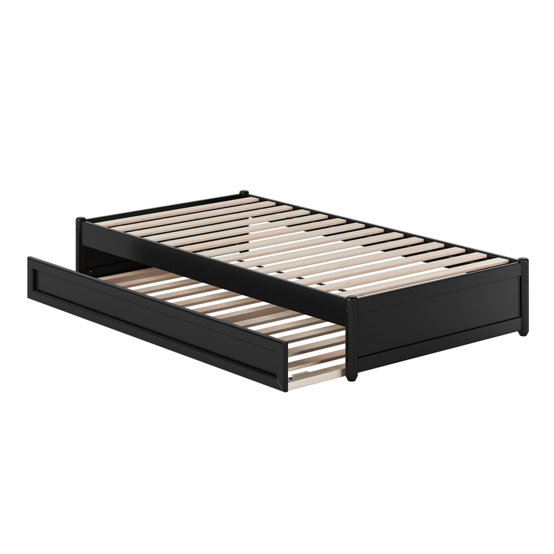 Barcelona Twin Solid Wood Panel Platform Bed with Twin Trundle in Black
