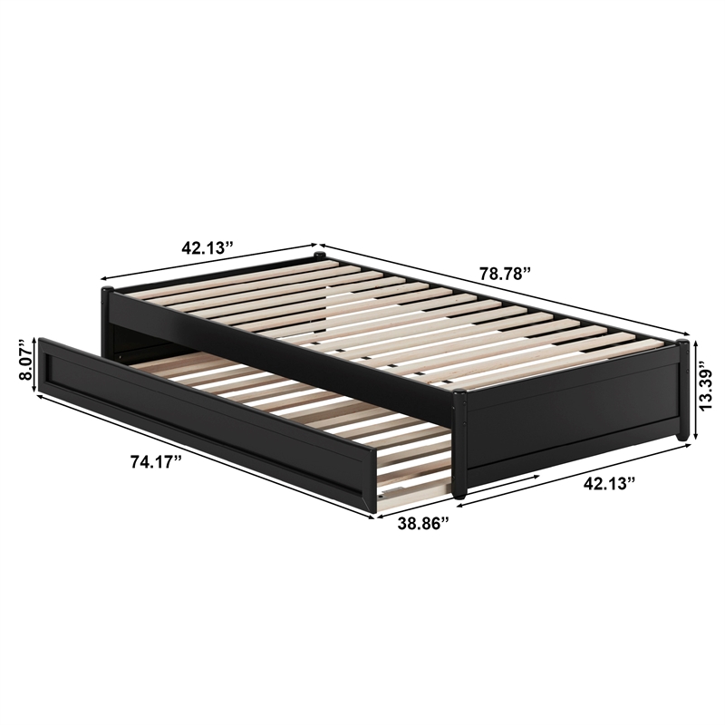 Barcelona Twin Solid Wood Panel Platform Bed with Twin Trundle in Black