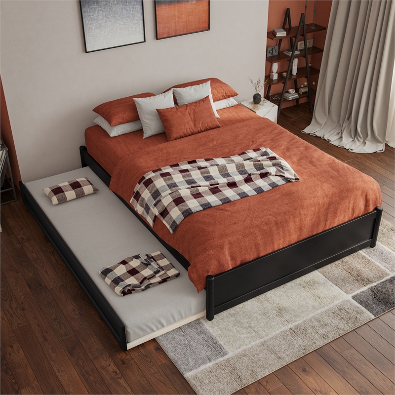 Barcelona Full Solid Wood Panel Platform Bed with Twin Trundle in Black