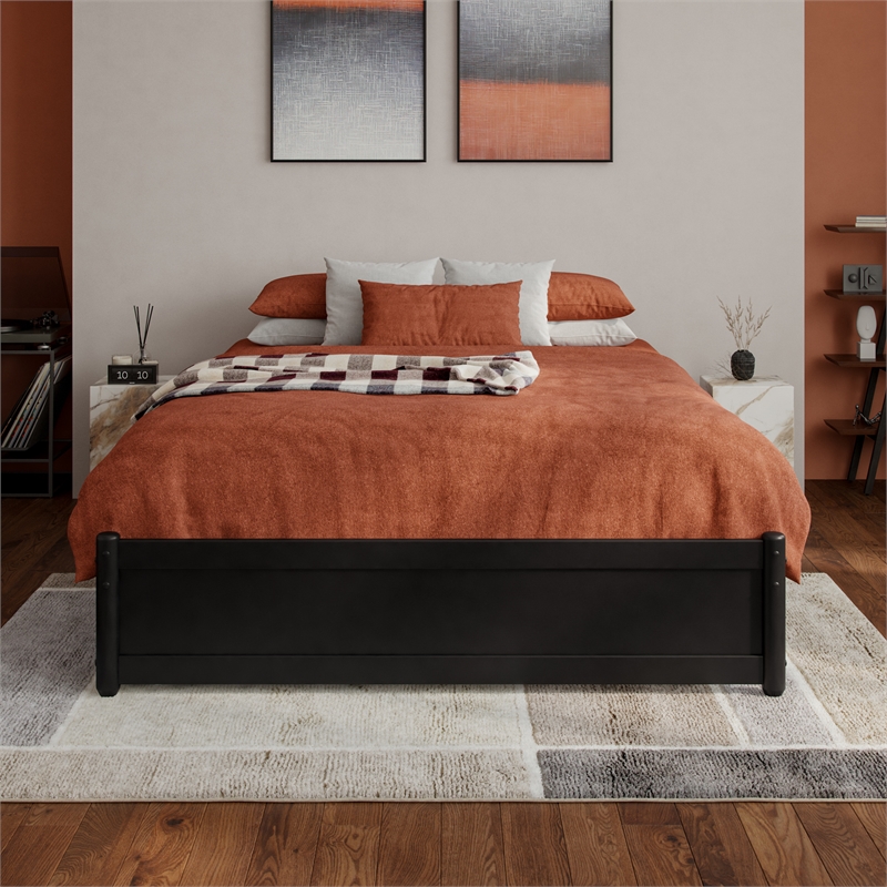 Barcelona Full Solid Wood Panel Platform Bed with Twin Trundle in Black