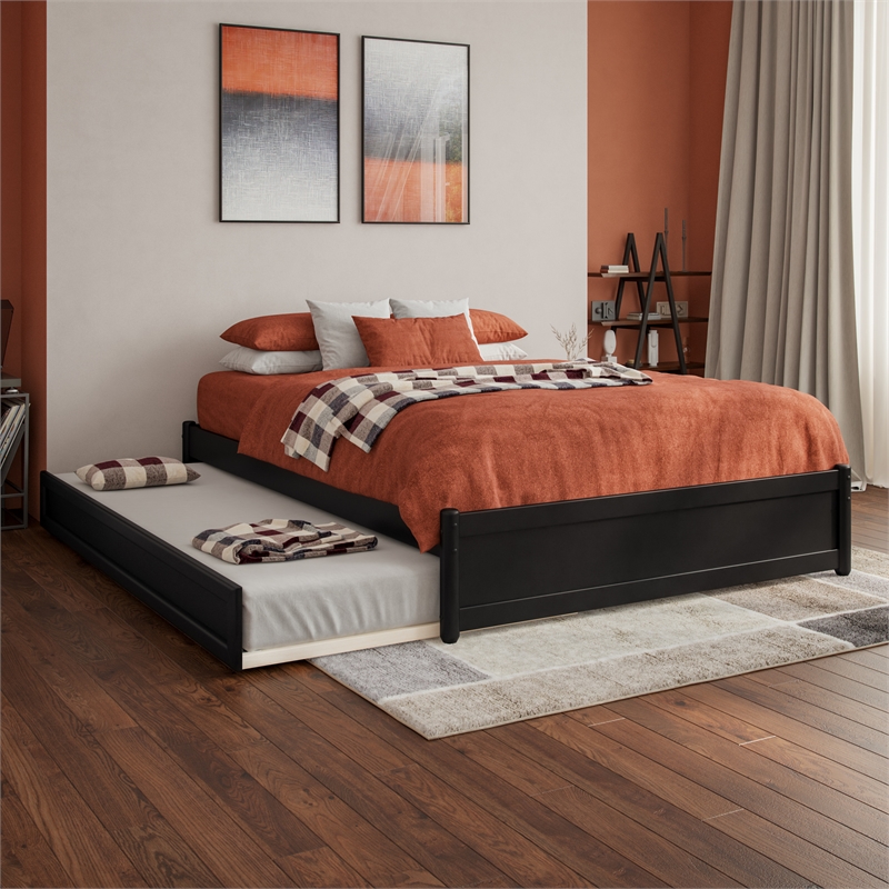 Barcelona Full Solid Wood Panel Platform Bed with Twin Trundle in Black