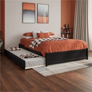 Barcelona Full Solid Wood Panel Platform Bed with Twin Trundle in Black