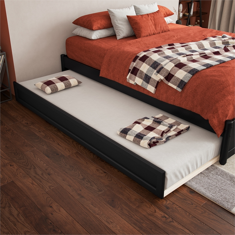 Barcelona Full Solid Wood Panel Platform Bed with Twin Trundle in Black