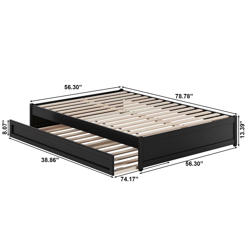 Barcelona Full Solid Wood Panel Platform Bed with Twin Trundle in Black