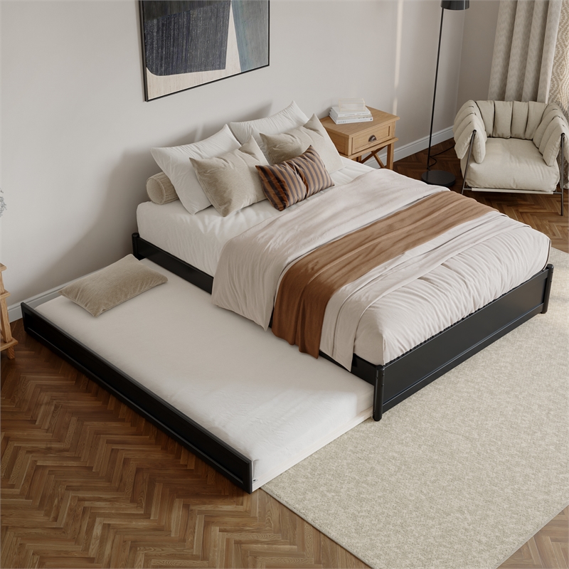 Barcelona Queen Solid Wood Panel Platform Bed with Twin XL Trundle in Black