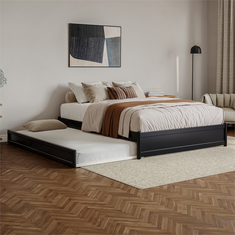 Barcelona Queen Solid Wood Panel Platform Bed with Twin XL Trundle in Black