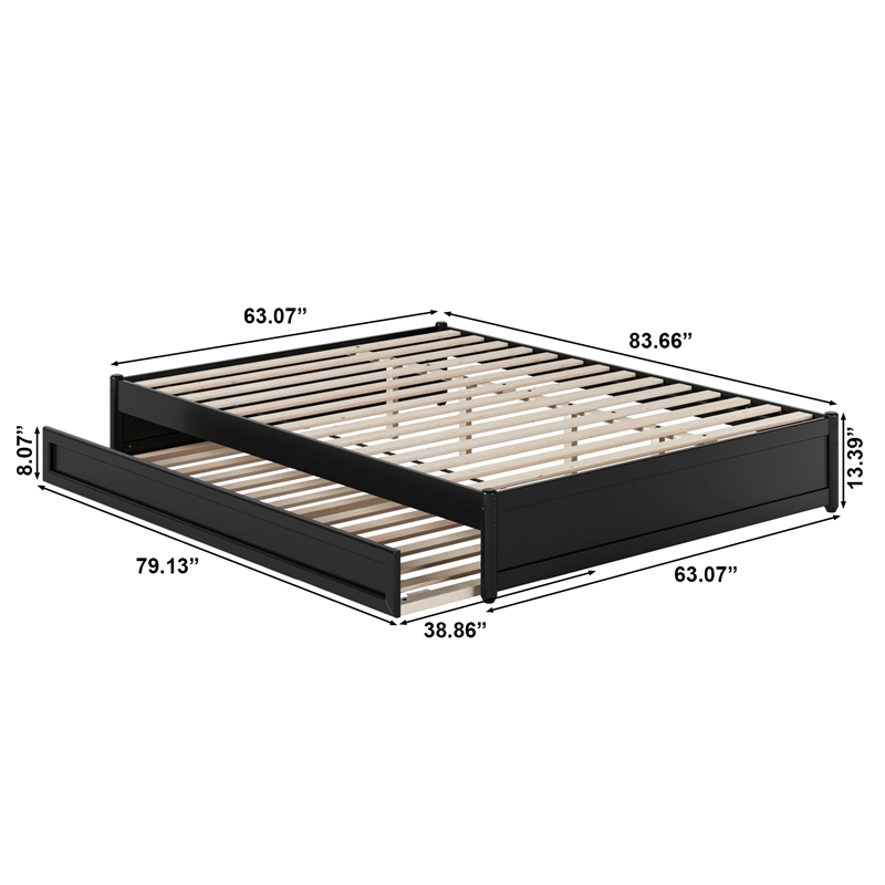 Barcelona Queen Solid Wood Panel Platform Bed with Twin XL Trundle in Black