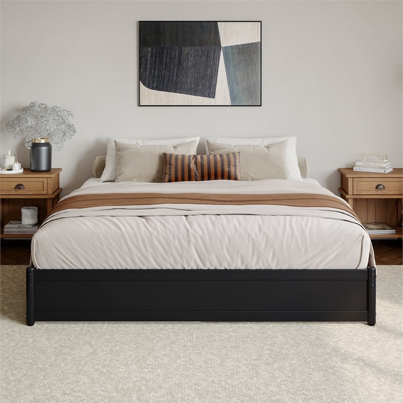 Barcelona King Solid Wood Panel Platform Bed with Twin XL Trundle in Black