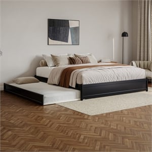 Barcelona King Solid Wood Panel Platform Bed with Twin XL Trundle in Black