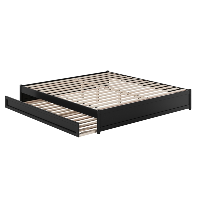 Barcelona King Solid Wood Panel Platform Bed with Twin XL Trundle in Black