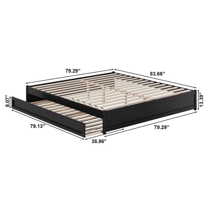 Barcelona King Solid Wood Panel Platform Bed with Twin XL Trundle in Black