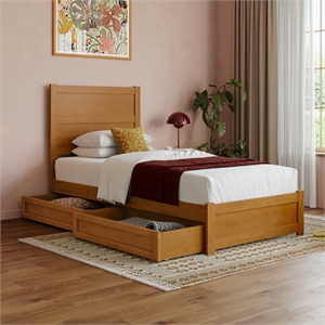 Aveline Twin XL Platform Bed with Matching Footboard & Drawers in Light Toffee