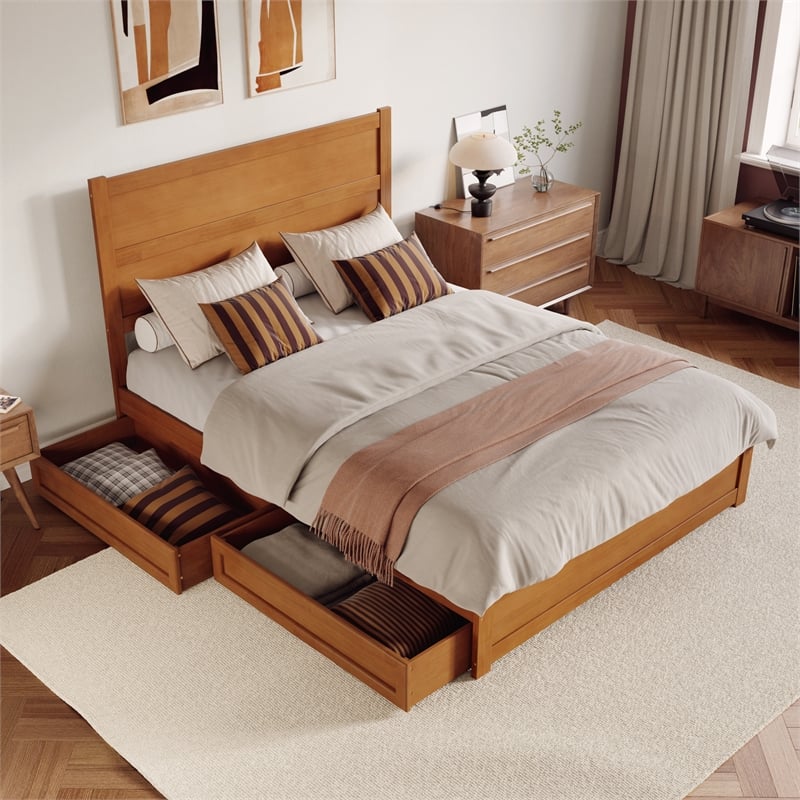 Aveline Queen Platform Bed with Matching Footboard & Drawers in Light Toffee