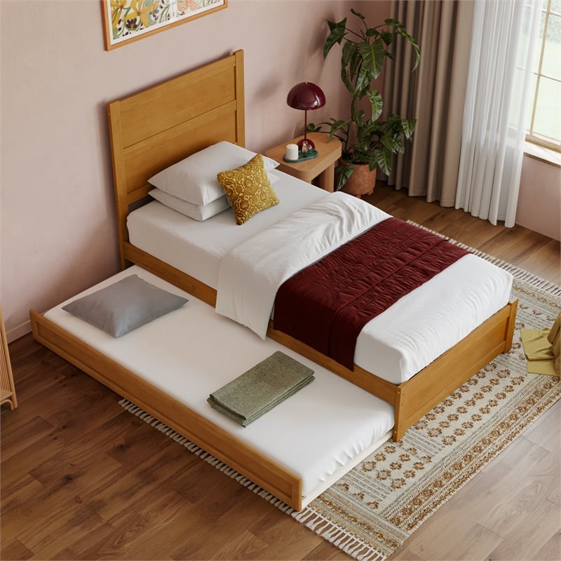 Aveline Twin XL Platform Bed with Matching Footboard & Trundle in Light Toffee