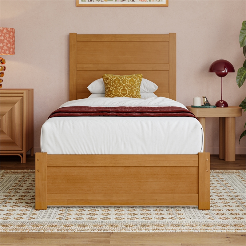 Aveline Twin XL Platform Bed with Matching Footboard & Trundle in Light Toffee
