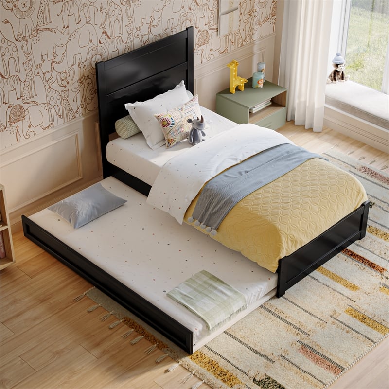 Aveline Twin Platform Bed with Matching Footboard & Twin Trundle in Black