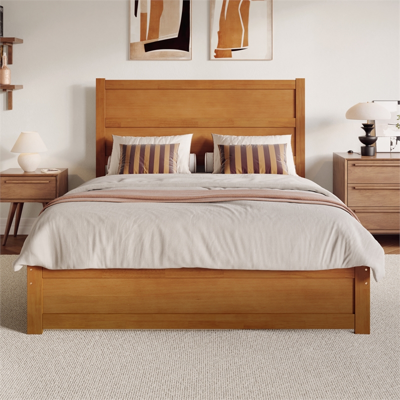 Aveline Queen Platform Bed with Matching Footboard & TXL Trundle in Light Toffee
