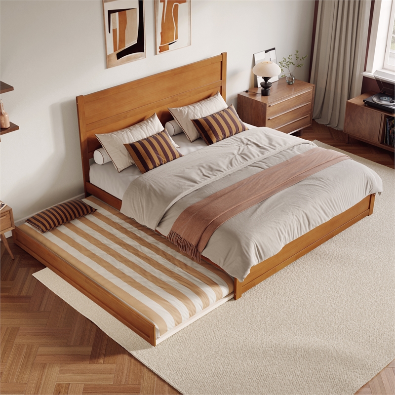 Aveline King Wood Platform Bed wMatching Footboard & TXL Trundle in Light Toffee