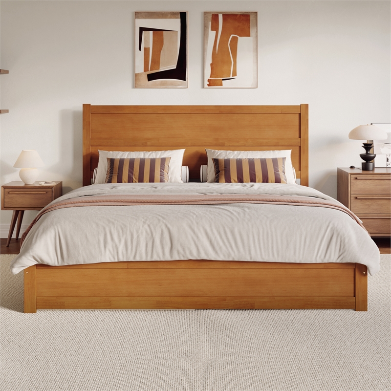 Aveline King Wood Platform Bed wMatching Footboard & TXL Trundle in Light Toffee