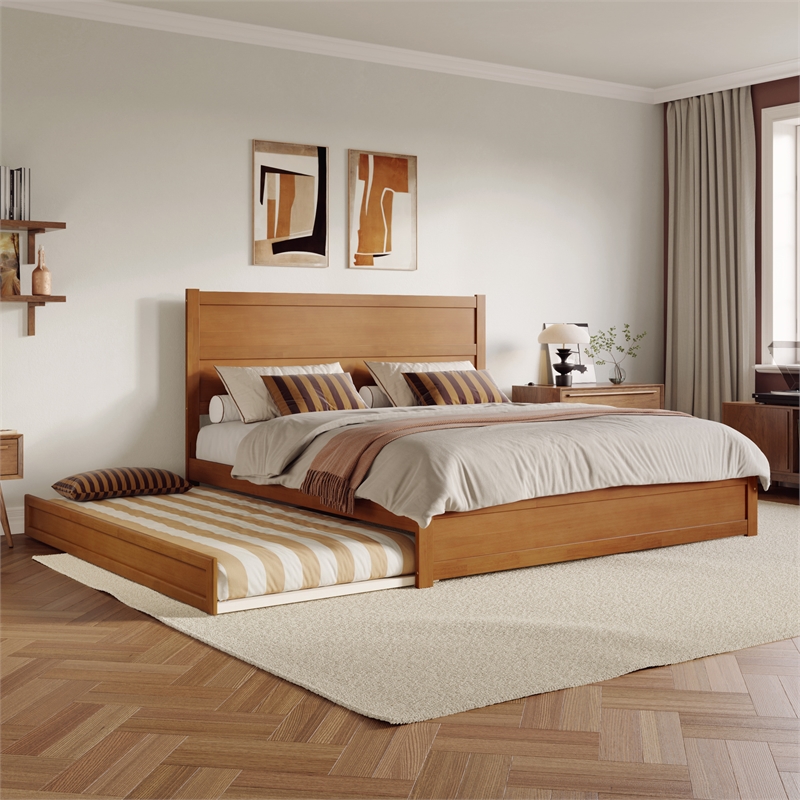 Aveline King Wood Platform Bed wMatching Footboard & TXL Trundle in Light Toffee