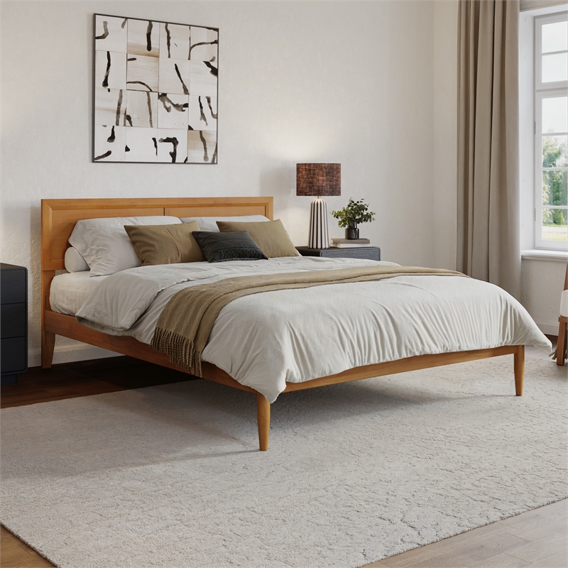 Ellarie Queen Wood Platform Bed in Light Toffee